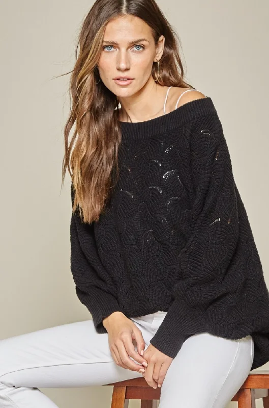 Fan Crochet Knit Scallop Edged Sweater - Black {Andree by Unit} Spandex Blend Rayon Blend Denim Blend