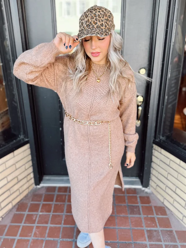 Everyday Coffee Runs Sweater Dress - Mocha Solid Print Embellished