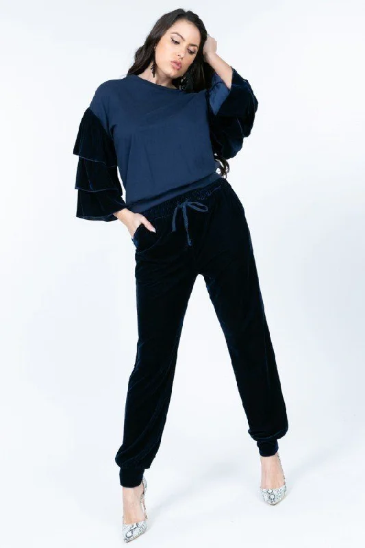 Tiered Velvet Ruffle Sleeve Pullover Crewneck Top in Navy Blue Long Bell Sleeve