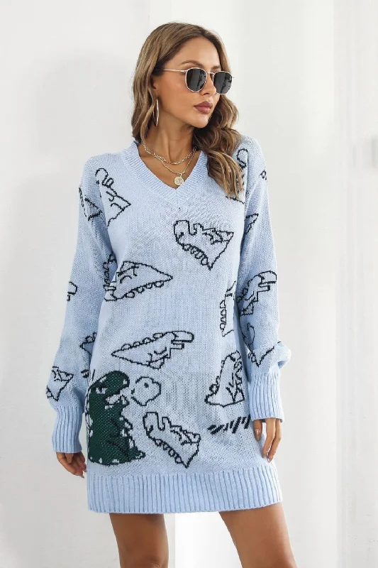Dinosaur Pattern V-Neck Sweater Dress Ribbed Striped Patterned