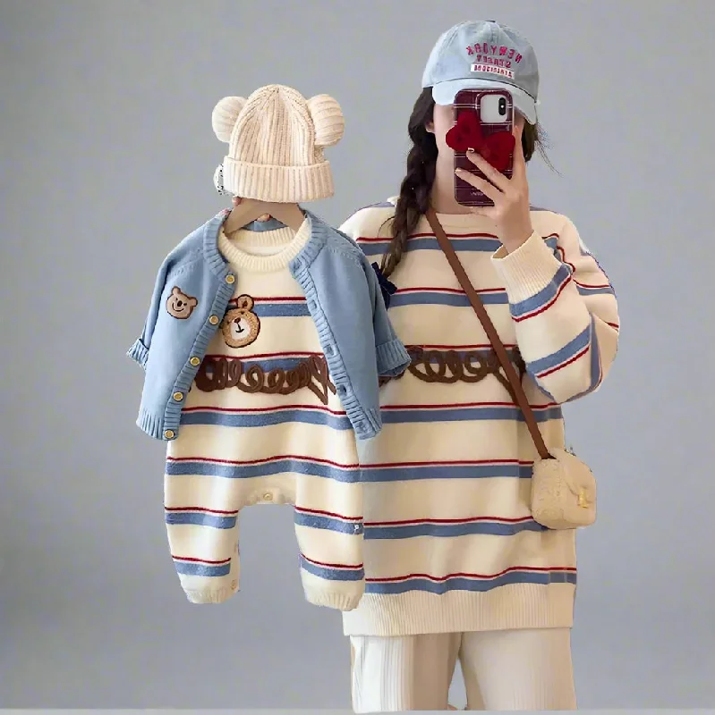 Matching Mommy and Me Bear Striped Knit Sweaters  Cozy Family Outfit with Embroidered Bear Design Collared Crew Neck Turtle Neck