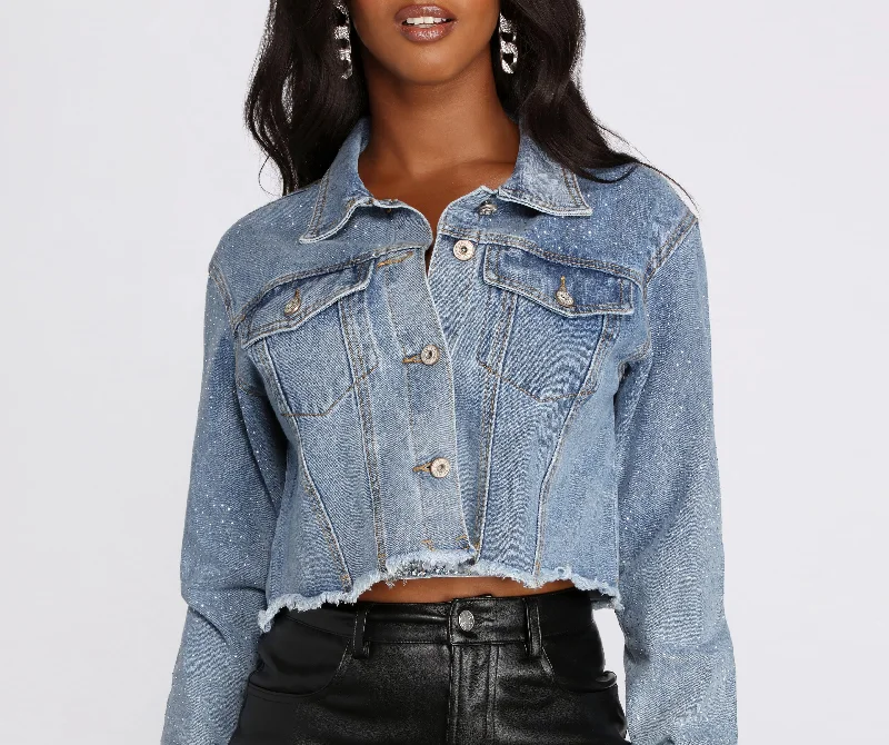 Eye Catcher Sparkling Denim Cropped Jacket Welt Pockets Slit Pockets Flap Pockets