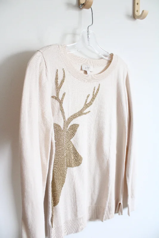 LOFT Beige Gold Shimmer Reindeer Sweater | M Slim Fit Regular Fit Oversized