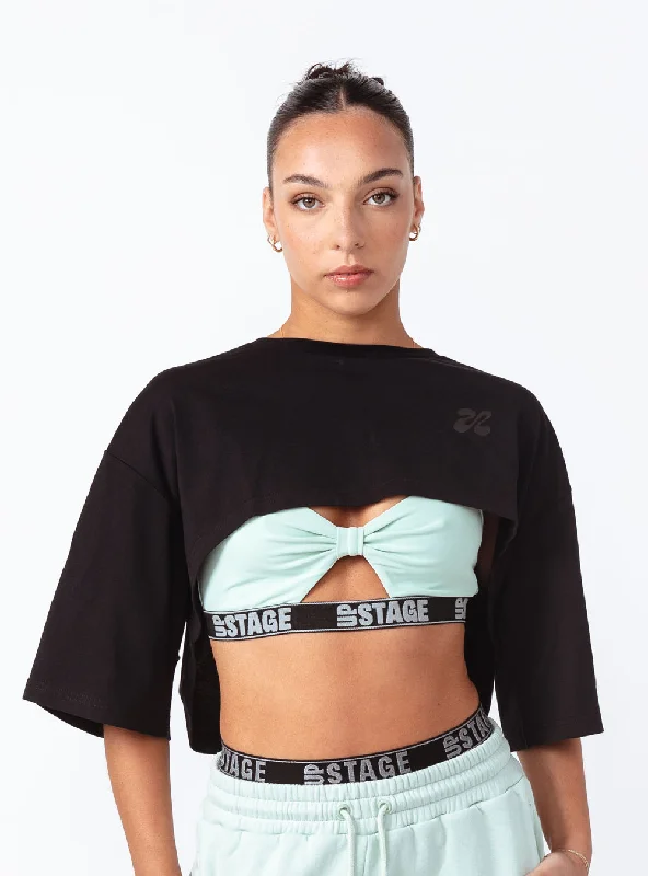 Women's Improv Crop Top Black Notch Collar Peter Pan Collar Cowl Neck