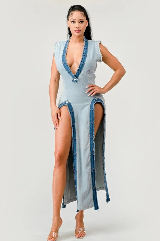 Not Shy- Denim Pullover Dress with Leg Cutouts Box Sleeve Comfort