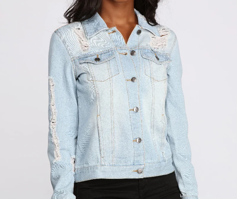 Edgy Distressed Denim Jacket Stand-Up Collar Roll-Neck Collar Turtle Neck