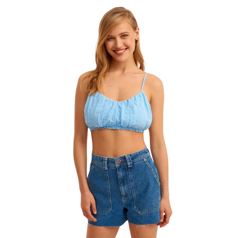 OXXO - Strappy and Pleated Crop Top Hooded Caped Shawl Collar