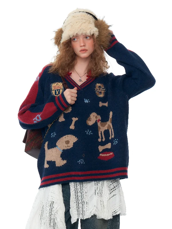 Puppy Pattern Varsity Sweater Mesh Blend Leather Blend Suede Blend