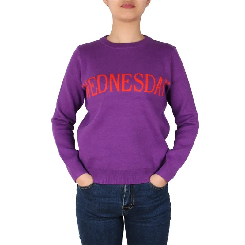 Fashion Week Women Sweater Chic Letter Knitted Jumper Pullovers Monday Tuesday Wednesday Thursday Friday Saturday Sunday Ruffle Sleeve Feminine