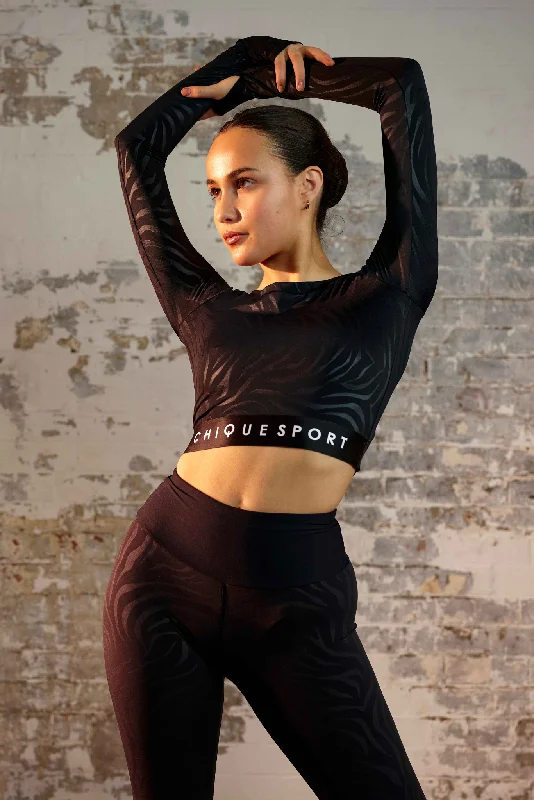 Empower Long-Sleeve Crop Top in Zebra Chenille Brocade Lace