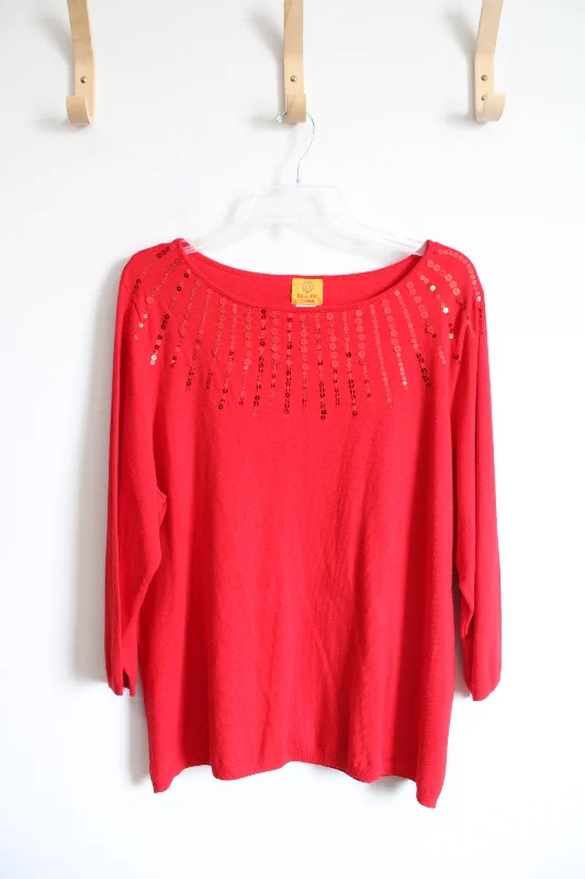 Ruby Rd. Red Sequined Sweater | 2X Solid Color Striped Floral Print