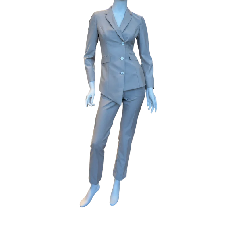 Grey Pantsuit w/Asymmetrical Jacket Denim Fabric Leather Fabric Suede Fabric