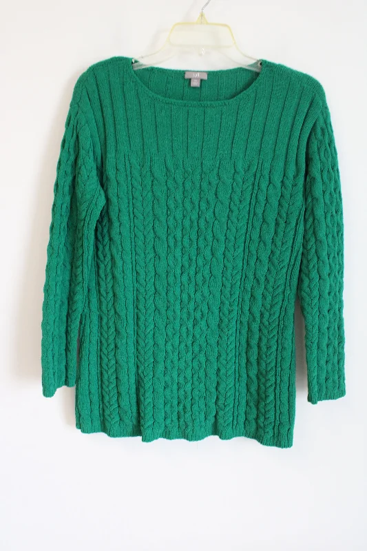 J.Jill Green Cable Knit Sweater | XS Cable Knit Ribbed Knit Lace Knit