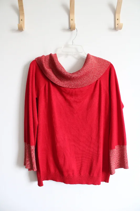 Questions? Red Gold Shimmer Cowl Neck Sweater | L Turtle Neck Boat Neck Asymmetrical Neck Questions? Red Gold Shimmer Cowl Neck Sweater | L Turtle Neck Boat Neck Asymmetrical Neck