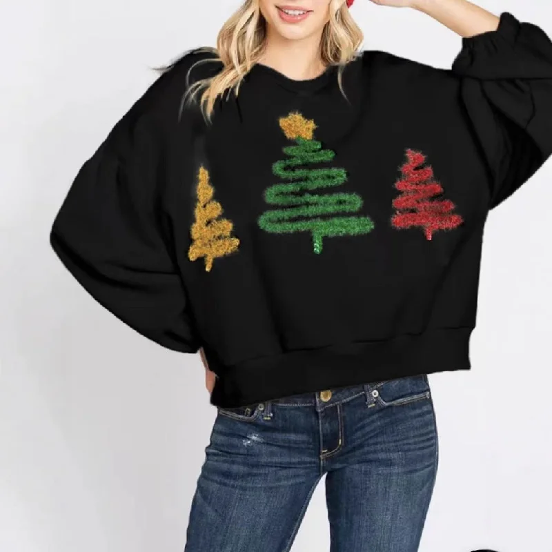 Women's Christmas Tree Casual Pullover Long Sleeve Sweater Chenille Soft Sweater