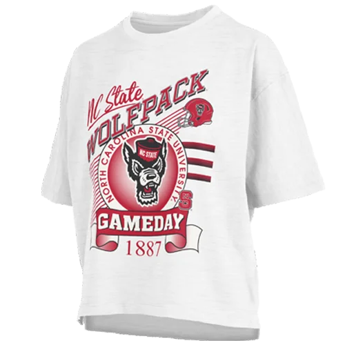 NC State Wolfpack Women's White Calgary Wolfhead Oversized Crop Top Spandex Blend Rayon Blend Denim Blend NC State Wolfpack Women's White Calgary Wolfhead Oversized Crop Top Spandex Blend Rayon Blend Denim Blend