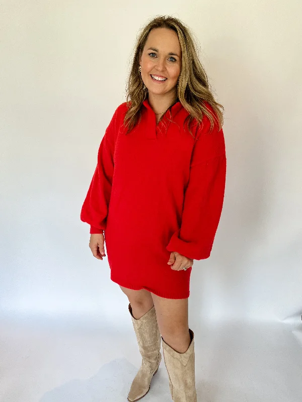 LONG SLEEVE COLLAR FUZZY SWEATER DRESS- RED Plaid Sweater Polka Dot Checkered