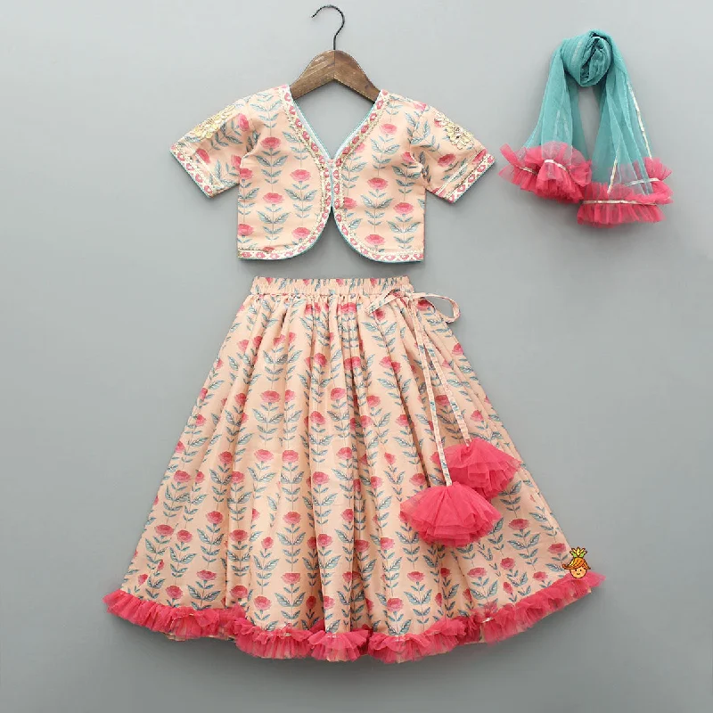 Peach Floral Printed Crop Top With Lehenga And Net Dupatta Machine Wash Dry Clean Hand Wash