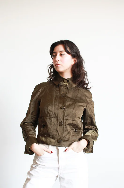 1990s Carlisle Olive Satin Crop Jacket Front Pockets Side Pockets Patch Pockets