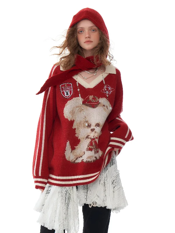 Royal Puppy Varsity Sweater Graphic Sweater Embroidered Appliqued
