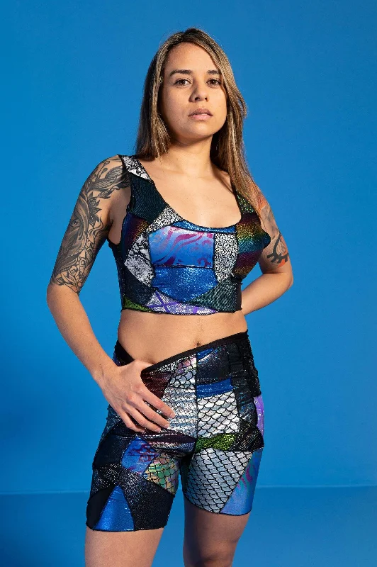 ZERO WASTE Patchwork Crop Top Welt Pockets Slit Pockets Flap Pockets