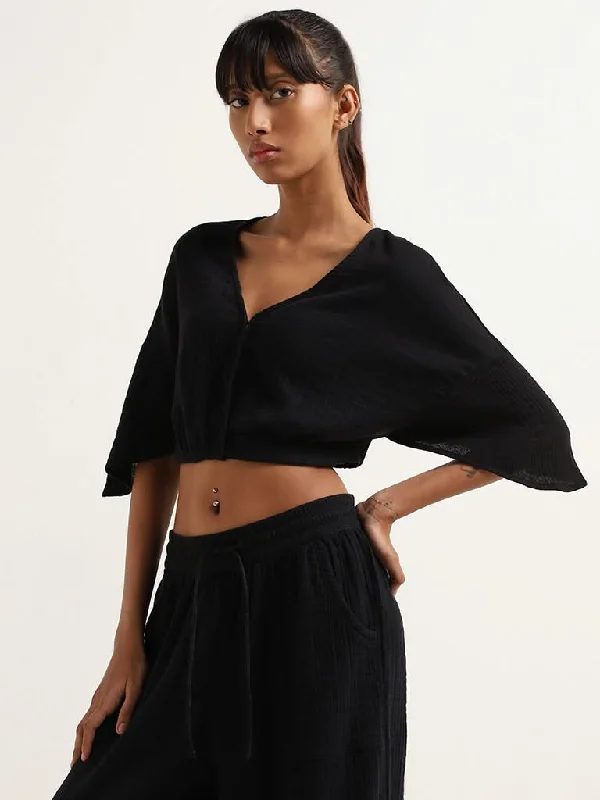 Superstar Black Cotton Crinkled Crop Top Lace Blend Ribbed Blend Corduroy Blend