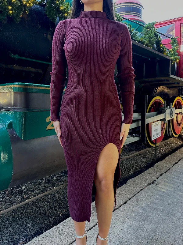 Plum Sweater Dress Collared Crew Neck Turtle Neck
