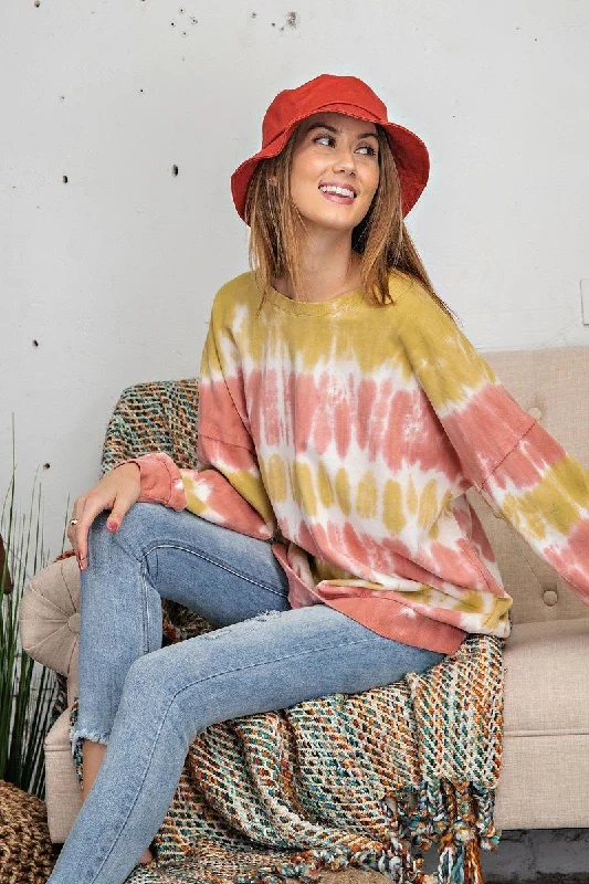 Ombre Dye Terry Knit Banded Bottom Pullover in Mustard Rose One Shoulder Top