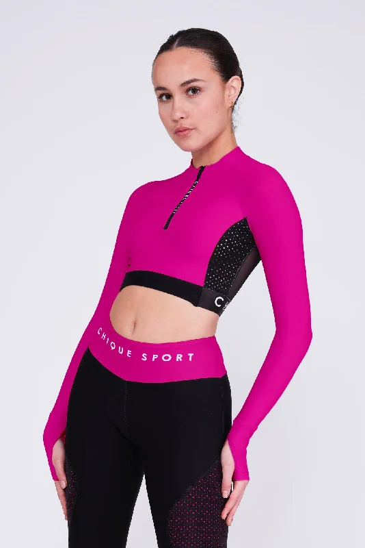 Ignite Long-Sleeve Crop Top in Fuchsia Seamless Knitted Crochet