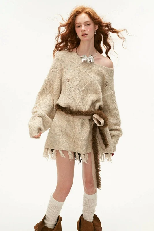 Distressed Belted Sweater Dress Cable Knit Ribbed Knit Lace Knit