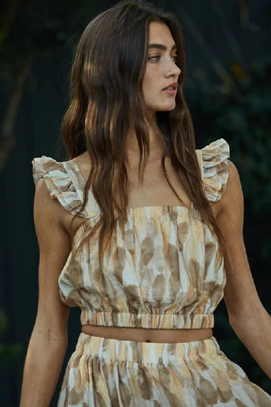 Tube Neck Ruffle Trim Sleeveless Crop Top Mesh Blend Leather Blend Suede Blend
