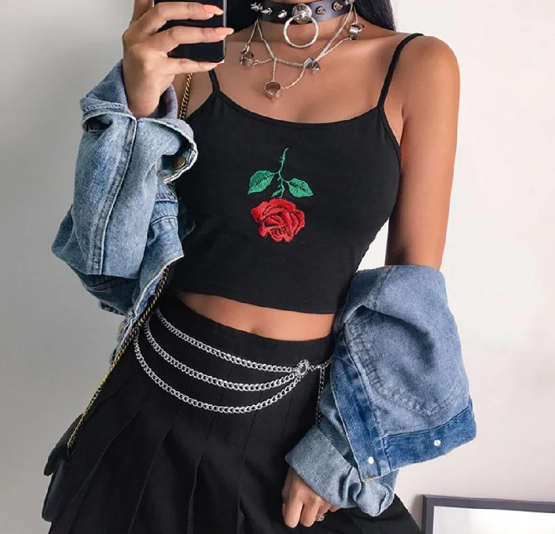 Rose Embroidered Crop Top Chenille Blend Fleece Blend Nylon Blend