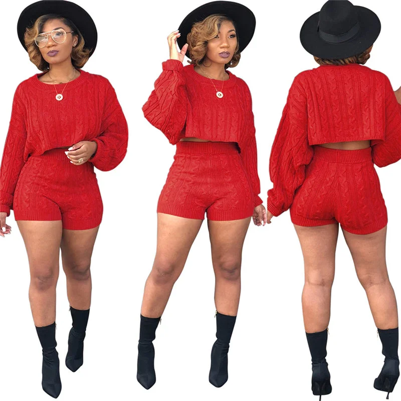 Knitted Crop Top & Shorts Set Hooded Caped Shawl Collar