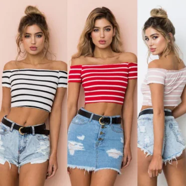 Off Shoulder Striped Crop Top Lace Blend Ribbed Blend Corduroy Blend