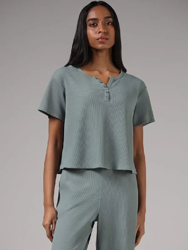Superstar Sea Green Self Textured Crop Top Casual Formal Business