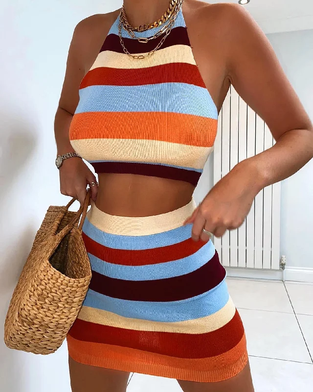 Crop Top & Mini Skirts Collared Crop Top Boat Neck A-Line