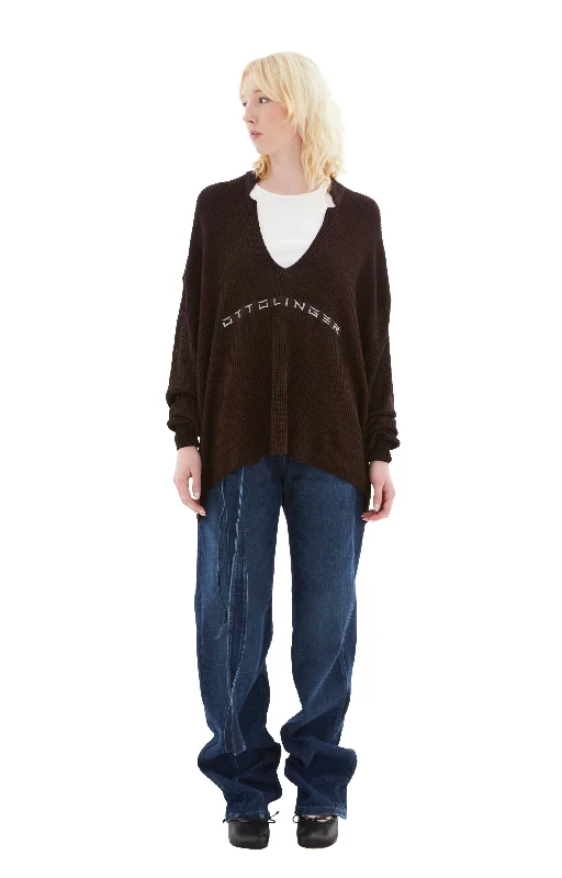 Knit Open Collar Sweater (Brown) Layered Multi-layer Single Layer