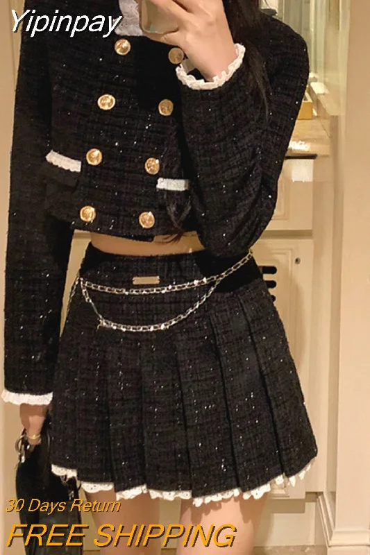 Yipinpay Autumn Vintage Suit Korean Fashion 2 Piece Dress Set Black Y2k Mini Skirt Woman + Elegant Crop Tops Casual Casual Clothing Zippered Buttoned Snapped Yipinpay Autumn Vintage Suit Korean Fashion 2 Piece Dress Set Black Y2k Mini Skirt Woman + Elegant Crop Tops Casual Casual Clothing Zippered Buttoned Snapped