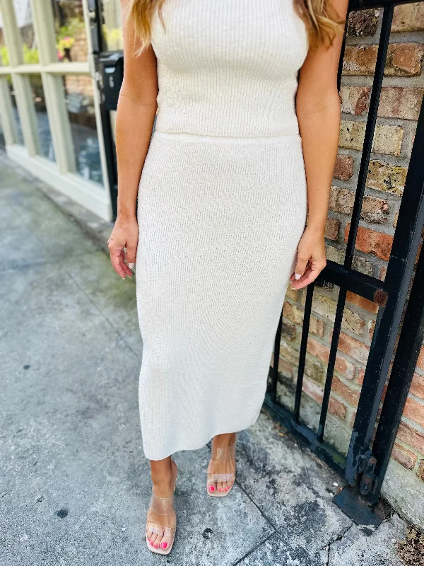 Z Supply Avni Sweater Midi Skirt- Oat Milk Denim Fabric Leather Fabric Suede Fabric