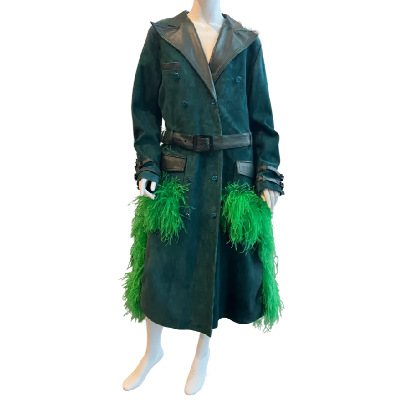 Green Suede Jacket w/Gems & Feathers Notch Collar Peter Pan Collar Cowl Neck