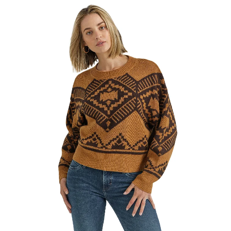 Wrangler Women's Jewel Brown Aztec Print Sweater High Neck Crew Neck V-Neck