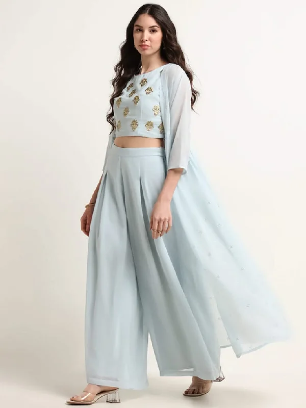 Vark Blue Embroidered Crop Top, Overlay and Palazzos Set Sequined Glittery Shiny