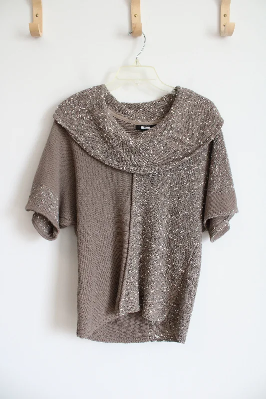 Brown & White Textured Swoop Neck Short Sleeved Sweater Top | S Petite Print Jacquard Patchwork