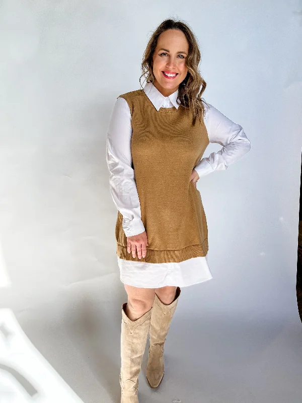 Sweater Vest and Poplin Dress- Tan Slim Fit Regular Fit Oversized