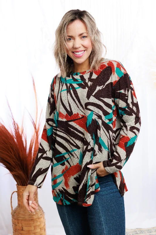 Abstract Floral Pullover Plunging Neck Pullover