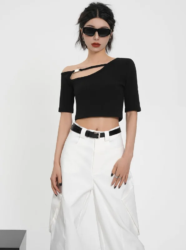 Asymmetric Cut-Out Crop Top - Ribbed Short Sleeve Fitted Tee Beaded Sequined Faux Fur Asymmetric Cut-Out Crop Top - Ribbed Short Sleeve Fitted Tee Beaded Sequined Faux Fur