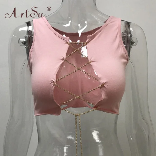 Chain Lace-Up Front Crop Top. Elegant Classic Vintage