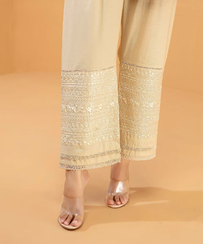 Embroidered Beige Trouser - LTE 438 Trousers High Rise Slim Fit