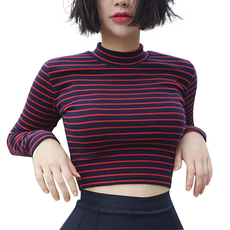 Classic Stripe Turtleneck Crop Top (Red One Size) Iron Safe Non-Iron Wrinkle Free