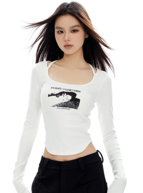 Ski Graphic Strappy Crop Top Elasticated Padded Insulated